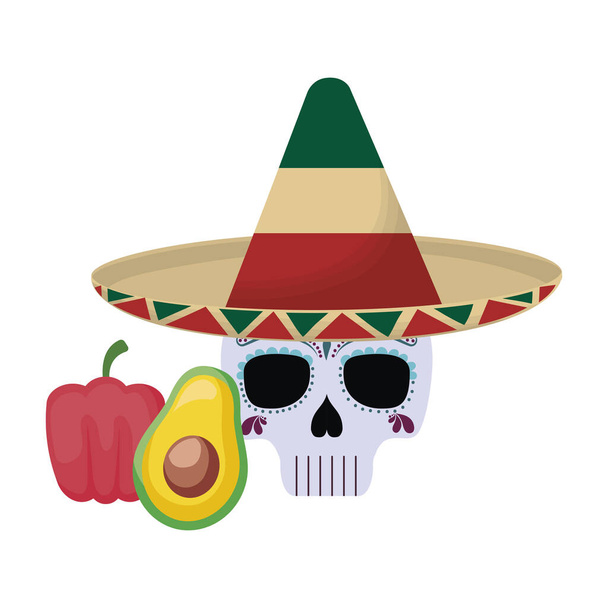 skull death with hat traditional mexican and food - Vector, Image