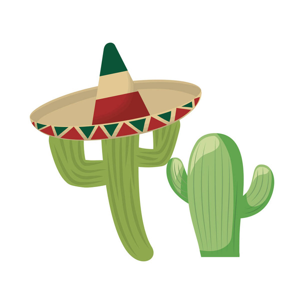 set cactus with hat mexican traditional - Vector, Image