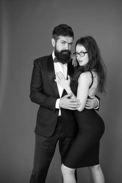 Gentleman and lady. Formal party. Formal gentleman and lady. Couple in love on date. business meetinf of bearded man and woman. esthete. Romantic relationship. bearded gentleman and sexy lady - Fotografie, Obrázek