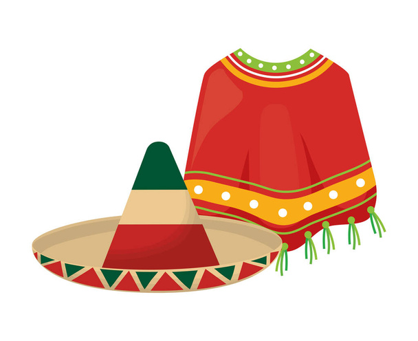 hat with poncho mexican traditional isolated icon - Вектор,изображение
