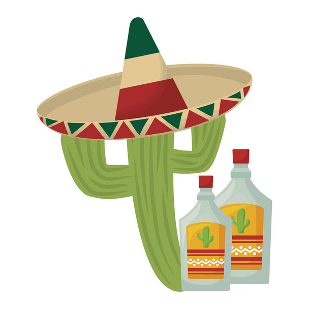 κάκτος με καπέλο μεξικάνικο και μπουκάλια τεκίλα - Διάνυσμα, εικόνα