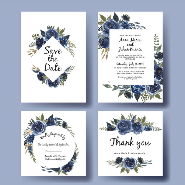 wedding invitation set of watercolor flower bouquet navy blue - ベクター画像