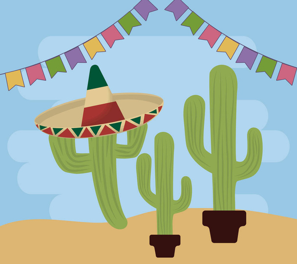 viva meksykańskie święto z kaktusami i girlandami wiszącymi - Wektor, obraz