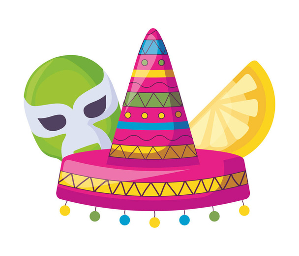 hat with mask fighter mexican and lemon slice - Vector, Image