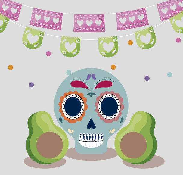 メキシコでは頭蓋骨とアボカドでお祝いします - ベクター画像