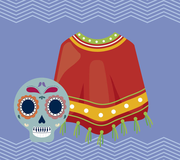 ポンチョ・トラディショナルと頭蓋骨でメキシコのお祝いを - ベクター画像