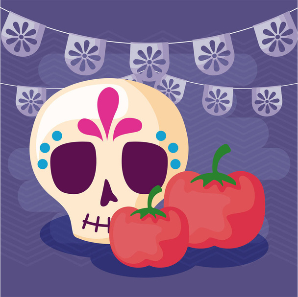 Празднование в Мексике с черепом и помидорами
 - Вектор,изображение