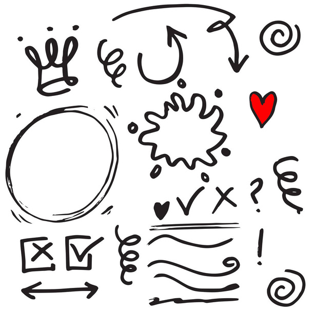 Ručně kreslené prvky, Arrow, srdce, láska, hvězda, list, slunce, světlo, koruna, důraz, víření, pro koncept designu. - Vektor, obrázek