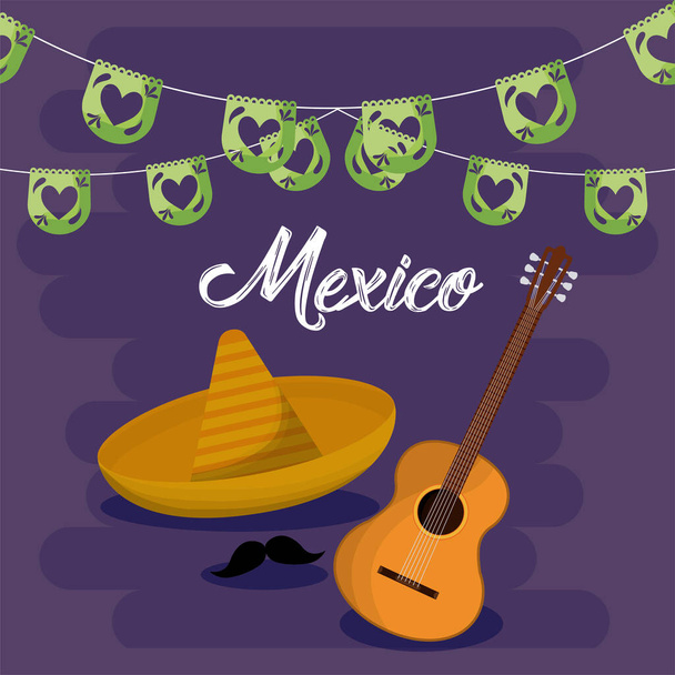 Vva mexico celebration with hat traditional and Guitar - Вектор, зображення