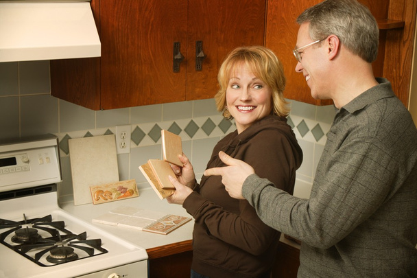 Couple Choosing Tile For Kitchen - Photo, Image
