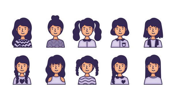 csoport női avatars karakterek kitölteni stílus - Vektor, kép
