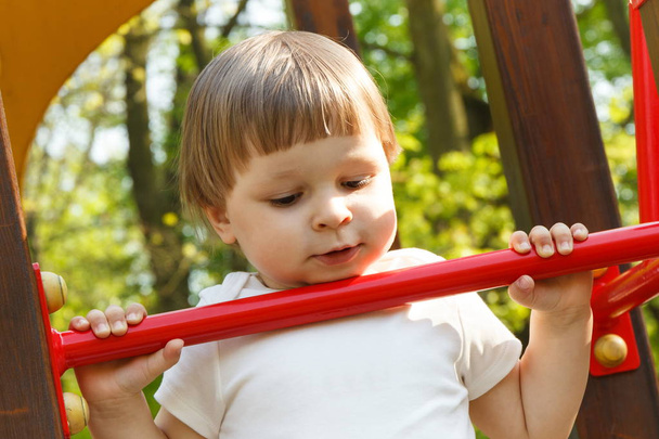 Little baby boy playing on playground in summer park. Child development concept - Foto, Imagen