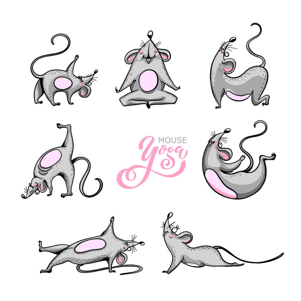 Персонаж мультфильма практикует мышь для йоги. набор символов. Положительная крыса. Иллюстрация для автомобиля или одежды. Векторная иллюстрация
. - Вектор,изображение