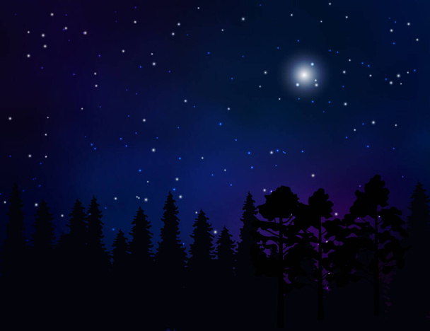 Forest landscape and starry night sky - Vektör, Görsel