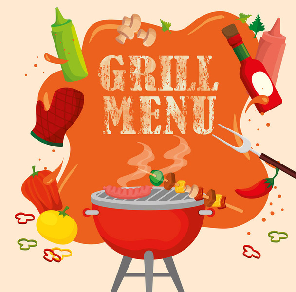 delicious grill menu with oven and food - Vector, Image