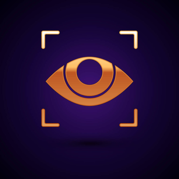 Gold Eye scan kuvake eristetty tummansininen tausta. Skannaan silmän. Turvatarkastussymboli. Kybersilmän merkki. Vektorikuvaus
 - Vektori, kuva