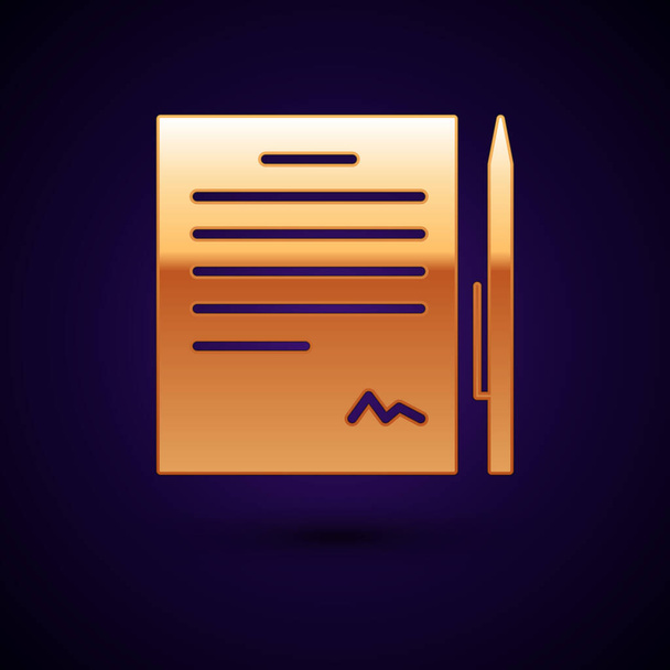 Золотой контрапункт с иконкой ручки, выделенной на темно-синем фоне. Значок файла. Reecklist icon. Бизнес-концепция. Векторная миграция
 - Вектор,изображение