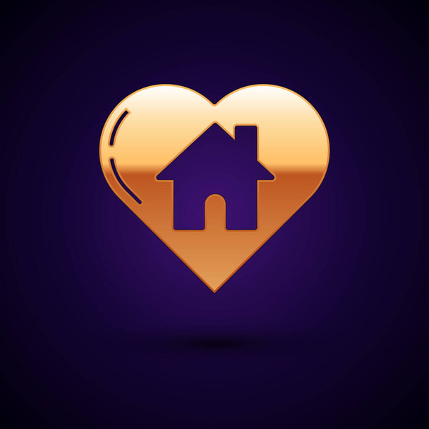 Gold House with heart shape icon isolated on dark blue background. Love home symbol. Family, real estate and realty. Vector Illustration - Vector, Image