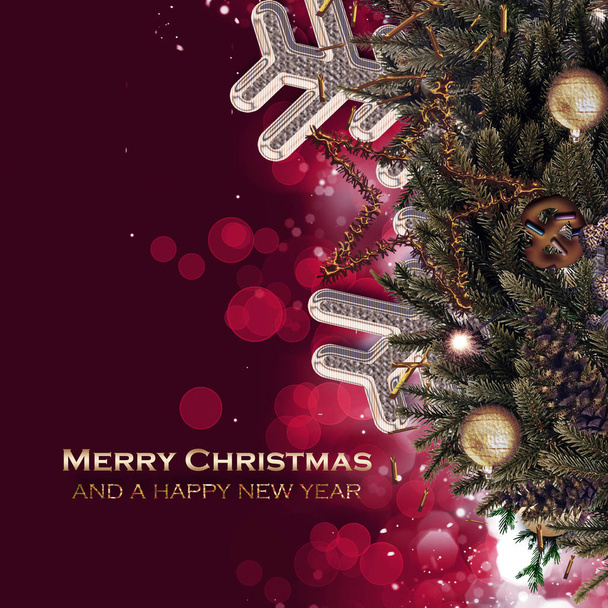 3D illustration. Christmas greeting card with fir tree branches background. - Foto, Imagem