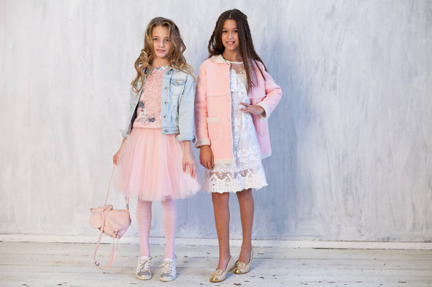 Portrait de deux écolières à la mode filles petite amie en vêtements roses
 - Photo, image