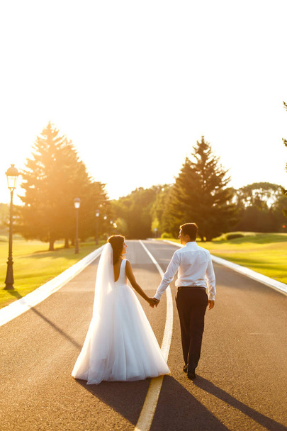 A couple in love go hand in hand on the road to meet the sunset. A happy newlywed couple of the bride and groom are walking on the road. View from the back. Together. Young family. Marriage. Wedding. - Foto, immagini