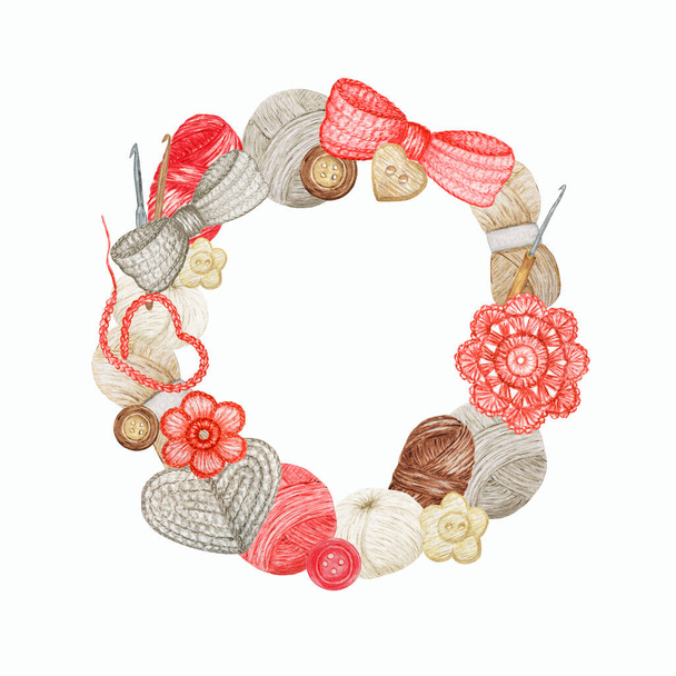 Rojo gris beige Crochet Shop Logotype marco redondo, Branding, Avatar composición de ganchos, hilados, corazón de ganchillo, arco, flores. Ilustración para ganchillo hecho a mano con concepto de bola de iconos de hilo
 - Foto, Imagen