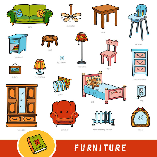 Набор цветной мебели, коллекция векторных предметов с названиями на английском языке
 - Вектор,изображение