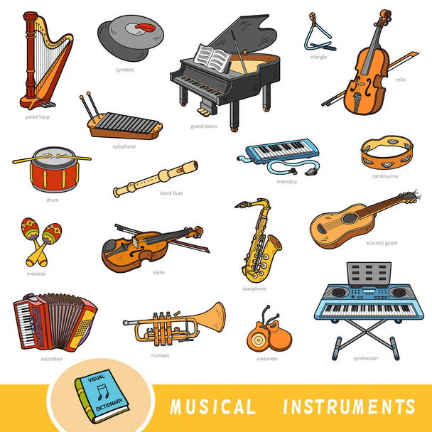 Farbiges Set von Musikinstrumenten, Sammlung von Vektorgegenständen mit englischen Namen - Vektor, Bild