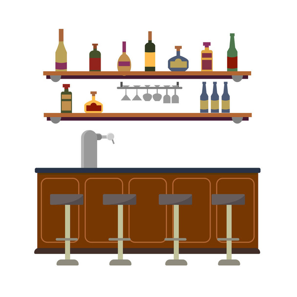 ビールポンプ蛇口と空のバーカウンターインテリア。壁にはガラスと液体アルコール飲料の棚があります。ラム、ワイン、テキーラ白を基調としたベクトルフラットイラスト - ベクター画像