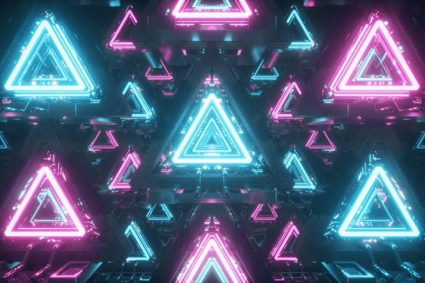 Astratto volare in corridoio metallico futuristico con triangoli, luce ultravioletta fluorescente, linee al neon laser, tunnel geometrico infinito, spettro rosa blu, illustrazione 3d
 - Foto, immagini