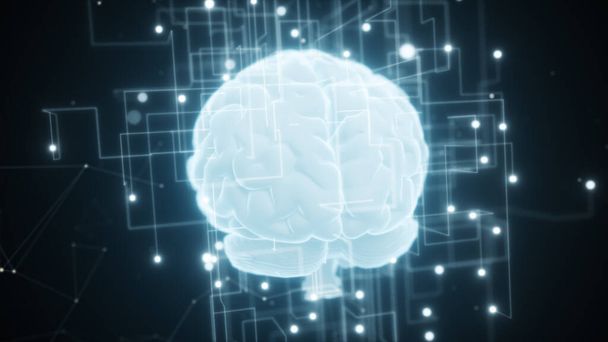 ein expandierendes Netzwerk rund um das digitale Gehirn künstlicher Intelligenz. Big Data Deep Learning Computer Maschine 3D Illustration - Foto, Bild