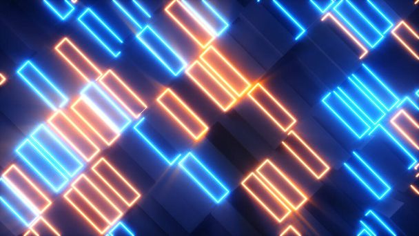 Bright abstract moving structure of rectangles with neon elements. Bright light. Modern orange blue color spectrum. 3d illustration - Photo, Image