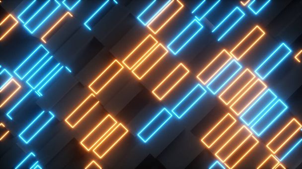 Parlak soyut hareket eden dikdörtgenler ve neon elementler. Parlak ışık. Modern turuncu mavi renk tayfı. 3d illüstrasyon - Fotoğraf, Görsel