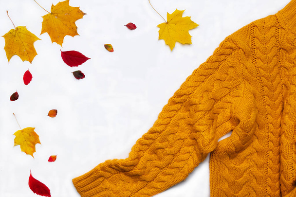 Осенняя композиция. Теплый желтый вязаный свитер, листья на белом фоне. Плоская кладка, вид сверху, копировальное пространство
 - Фото, изображение