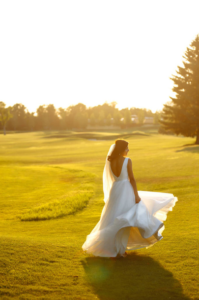 Happy beautiful young bride outside on a summer meadow at the sunset. Luxury elegant  bride in a white dress at the sunset. Beautyful  bride with luxury make-up and hairstyle. Wedding day. - Foto, Imagem