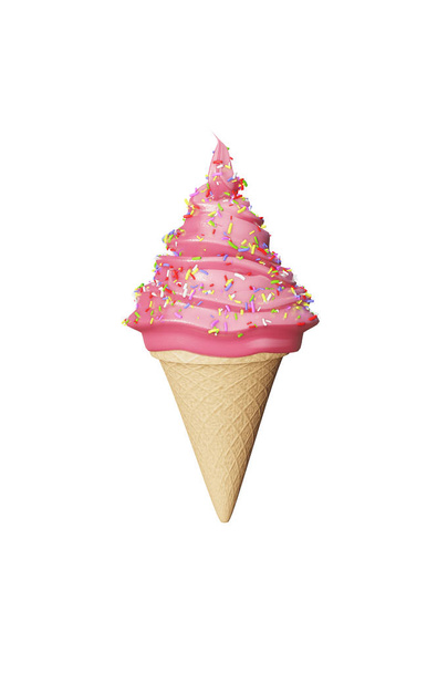 Highly detailed delicious strawberry ice cream in a waffle cone isolated on a white background. 3d illustration - Fotoğraf, Görsel