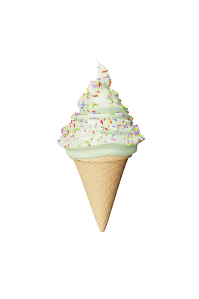 Дуже детальне смачне фісташкове морозиво у вафельному конусі ізольовано на білому тлі. 3d ілюстрація
 - Фото, зображення