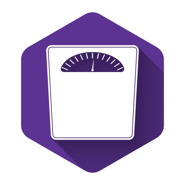 White Bathroom scales icon isolated with long shadow. Weight measure Equipment. Weight Scale fitness sport concept. Purple hexagon button. Vector Illustration - Vector, Image