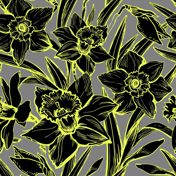 floral seamless pattern with hand drawn flowers Narcissus. - Vektor, obrázek