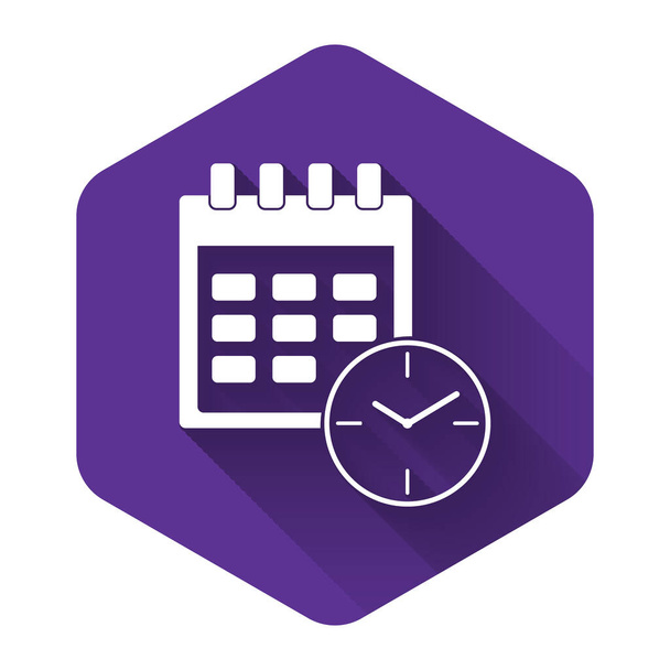 Biały Kalendarz i ikona zegara izolowane z długim cieniem. Harmonogram, spotkanie, organizator, harmonogram, zarządzanie czasem, ważna data. Data i czas. Fioletowy sześciokątny przycisk. Ilustracja wektora - Wektor, obraz
