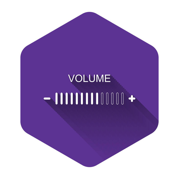 Icône de réglage du volume blanc isolée avec une ombre longue. Bouton hexagonal violet. Illustration vectorielle
 - Vecteur, image