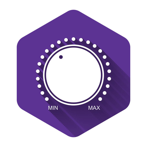 White Dial knob level technology settings icon isolated with long shadow. Volume button, sound control, music knob with number scale, analog regulator. Purple hexagon button. Vector Illustration - ベクター画像