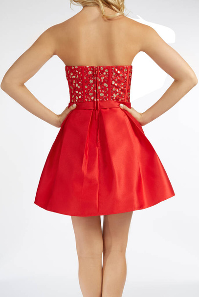 Strapless Corset Jewel Beaded Box Pleated Party Dress - Κόκκινο φόρεμα - Κόκκινο πουκάμισο και κόκκινη μπλούζα με λευκό φόντο - Φωτογραφία, εικόνα