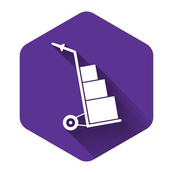 White Hand truck and boxes icon isolated with long shadow. Dolly symbol. Purple hexagon button. Vector Illustration - Vector, Image