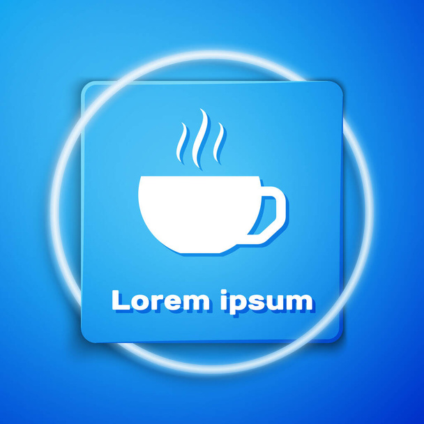 Biała filiżanka kawy płaska ikona izolowane na niebieskim tle. Filiżanka herbaty. Gorący napój kawy. Niebieski kwadrat guzik. Ilustracja wektorowa - Wektor, obraz