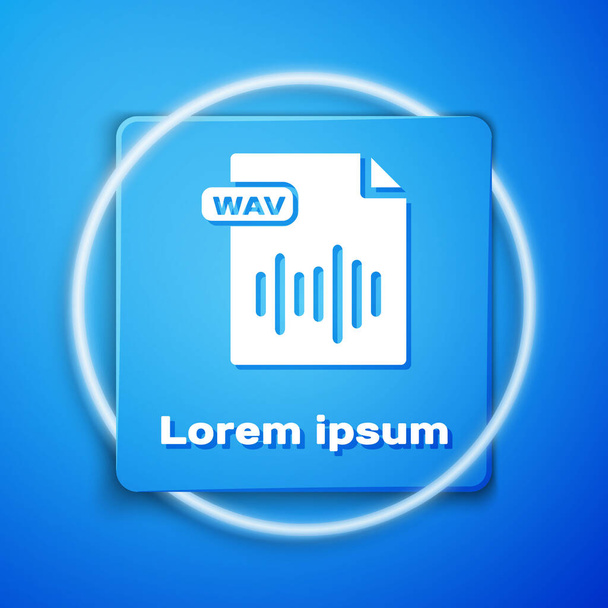 ホワイト Wav ファイル ドキュメント。青い背景に隔離されたwavボタンアイコンをダウンロードします。デジタルオーディオリフファイル用の波形オーディオファイル形式。青い正方形のボタン。ベクトルイラストレーション - ベクター画像