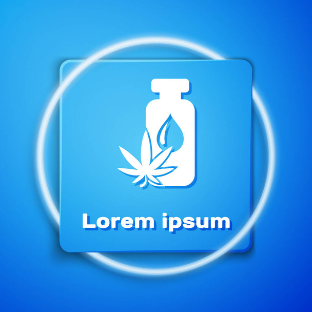 Fehér orvosi marihuána vagy cannabis levél olívaolaj csepp ikon elszigetelt kék alapon. Kannabiszkivonat. Kenderszimbólum. Kék négyzet gomb. Vektorillusztráció - Vektor, kép