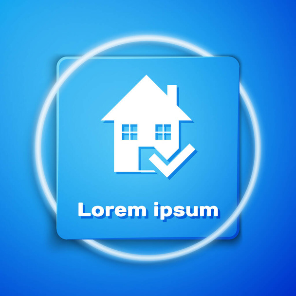 White House with check mark icon isolated on blue background. Real estate agency or cottage town elite class. Blue square button. Vector Illustration - Vector, Image