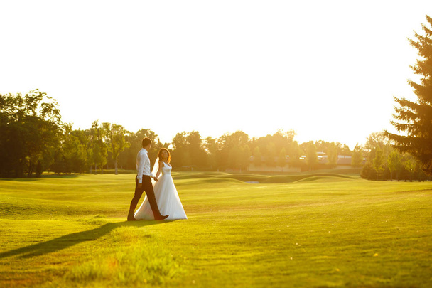 Happy bride and groom go into the sunset. Lovely wedding couple at sunset. Bride and groom in wedding attire is in the hands against the backdrop of the green field at sunset. Together. Wedding.  - Foto, Imagem