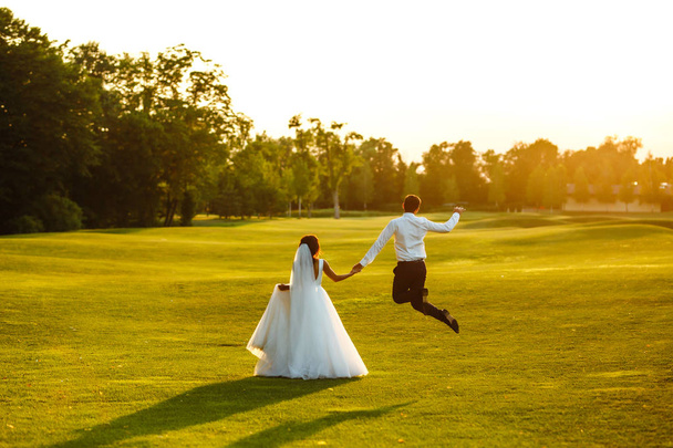 Happy bride and groom go into the sunset. Lovely wedding couple at sunset. Bride and groom in wedding attire is in the hands against the backdrop of the green field at sunset. Together. Wedding.  - Foto, afbeelding